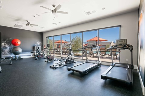 A gym with treadmills, exercise balls, and other equipment.