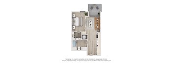 A floor plan of a small apartment with a kitchen, living room, and bathroom.