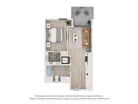 A floor plan of a small apartment with a kitchen, living room, and bathroom.