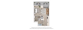 A floor plan of a small apartment with a kitchen, living room, and bathroom.
