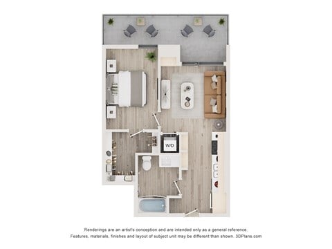 A floor plan of a small apartment with a kitchen, living room, and bathroom.