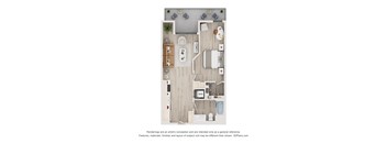 A 3D floor plan of a house with a kitchen, living room, and bathrooms.