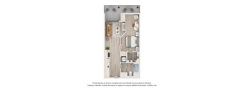 A floor plan of a small apartment with a kitchen, living room, and bathroom.