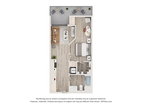 A floor plan of a small apartment with a kitchen, living room, and bathroom.