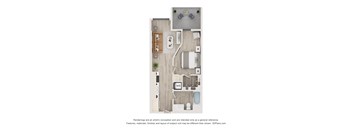 A floor plan of a small apartment with a kitchen, living room, and bathroom.