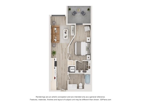 A floor plan of a small apartment with a kitchen, living room, and bathroom.