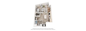 A 3D floor plan of a small apartment with a kitchen, living room, and bathroom.
