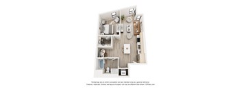 A 3D floor plan of a small apartment with a kitchen, living room, and bathroom.