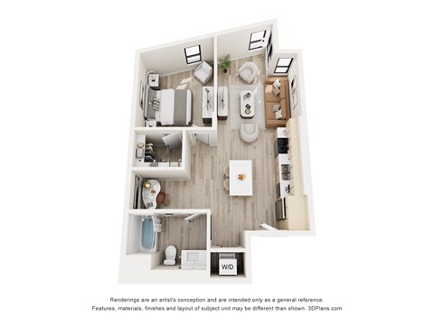 A 3D floor plan of a small apartment with a kitchen, living room, and bathroom.