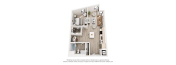 A 3D floor plan of a small apartment with a kitchen, living room, and bathroom.