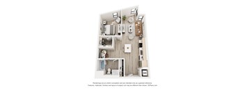 A 3D floor plan of a small apartment with a kitchen, living room, and bathroom.