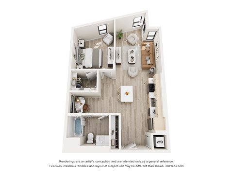 A 3D floor plan of a small apartment with a kitchen, living room, and bathroom.