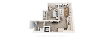 A 3D floor plan of a small apartment with a kitchen, living room, and bathroom.