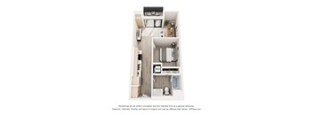 A 3D floor plan of a small apartment with a kitchen, living room, and bathroom.