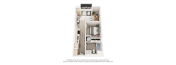 A 3D floor plan of a small apartment with a kitchen, living room, and bathroom.