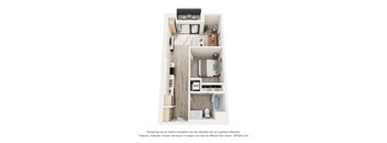 A 3D floor plan of a small apartment with a kitchen, living room, and bathroom.