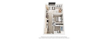 A 3D floor plan of a small apartment with a kitchen, living room, and bathroom.