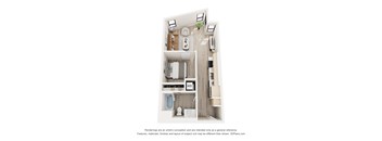 A 3D floor plan of a small apartment with a kitchen, living room, and bathroom.