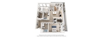 A 3D floor plan of a small apartment with a kitchen, living room, and two bedrooms.