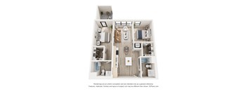 A 3D floor plan of a small apartment with a kitchen, living room, and bathroom.