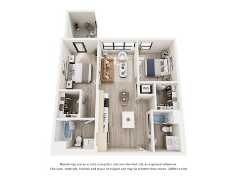 A 3D floor plan of a small apartment with a kitchen, living room, and bathroom.