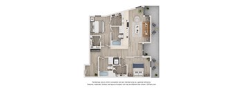 A 3D floor plan of a house with a kitchen, living room, bedrooms and bathrooms.
