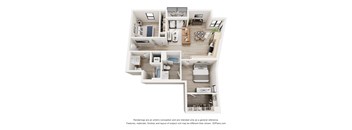 A 3D floor plan of a house with a kitchen, living room, dining room, and two bedrooms.