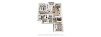 A 3D floor plan of a house with a kitchen, living room, and two bedrooms.