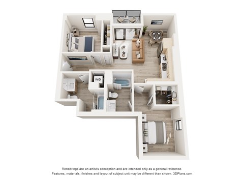 A 3D floor plan of a house with a kitchen, living room, and two bedrooms.
