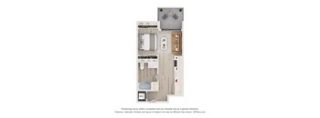 A floor plan of a small apartment with a kitchen, living room, and bathroom.