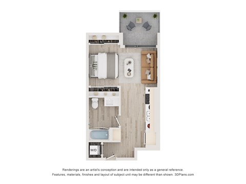 A floor plan of a small apartment with a kitchen, living room, and bathroom.