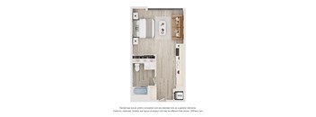 A floor plan of a small apartment with a bedroom, bathroom, and kitchen.