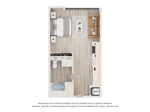 A floor plan of a small apartment with a bedroom, bathroom, and kitchen.