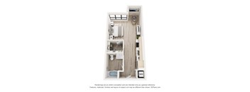 A 3D floor plan of a small apartment with a kitchen, living room, and bathroom.