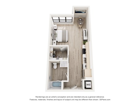 A 3D floor plan of a small apartment with a kitchen, living room, and bathroom.