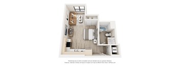 A 3D floor plan of a small apartment with a kitchen, living room, and bathroom.