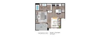 A floor plan of a studio apartment with one bath and a living space of 597 square feet.