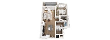 A floor plan of a two-bedroom apartment with dimensions and furniture layout.