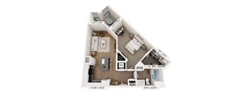 A floor plan of a small apartment with a kitchen, living room, and bathroom.