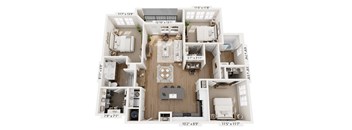 A floor plan of a house with a living room, kitchen, and two bedrooms.