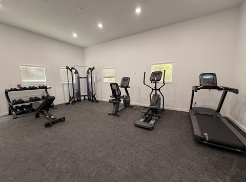 A spacious room with a variety of exercise equipment including treadmills, elliptical machines, and weights.