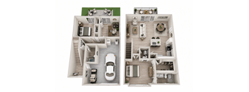 Two floor plan images of a house with a car parked in the driveway.