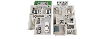 Two floor plan images of a house with a car and a truck.