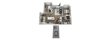 A 3D floor plan of a house with a garage and a car.