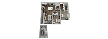 A floor plan of a house with a garage and a car.