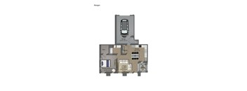 A Morgan apartment floor plan with a living room, kitchen, two bathrooms, and two bedrooms.