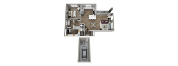 A floor plan of a house with a garage and a car.