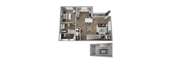 A 3D floor plan of a house showing the layout of the rooms.