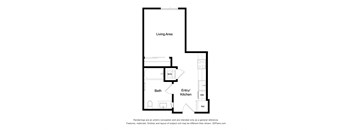 A floor plan of a home with a living area, bath, and kitchen.