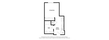 A floor plan of a home with a living area, bath, and kitchen.